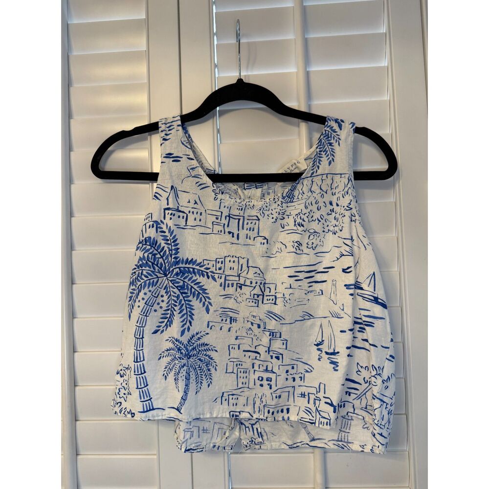 Calypso St. Barth White & Blue Coastal Print Linen Tank - M